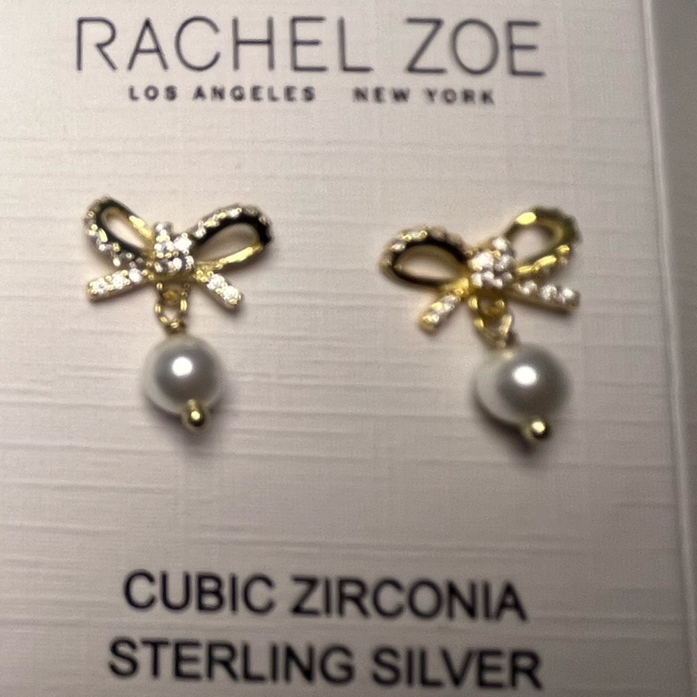 Gold Plated Sterling Silver and CZ Rachel Zoe Bow & Pearl Stud Earrings
